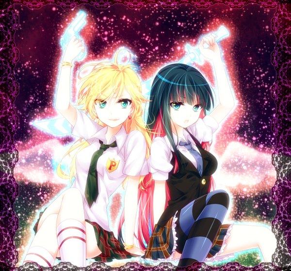 Anime picture 2800x2600 with panty & stocking with garterbelt anarchy stocking anarchy panty riichu long hair highres black hair blonde hair multiple girls green eyes multicolored hair two-tone hair colored inner hair framed girl thighhighs weapon 2 girls earrings sword