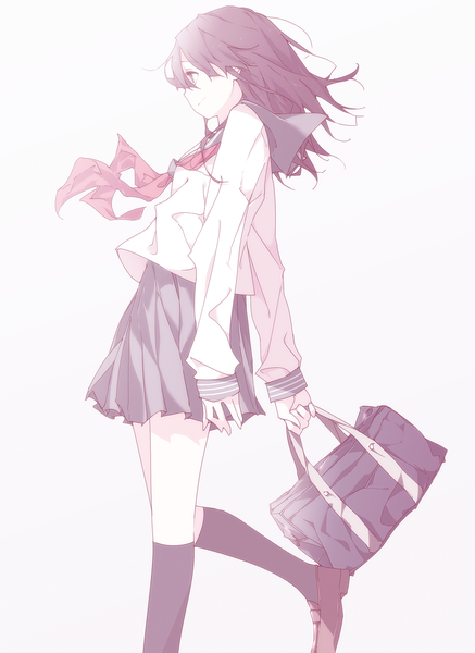 Anime picture 992x1361 with original delaney single long hair tall image simple background looking away grey eyes light walking girl skirt uniform school uniform serafuku shoes black socks school bag