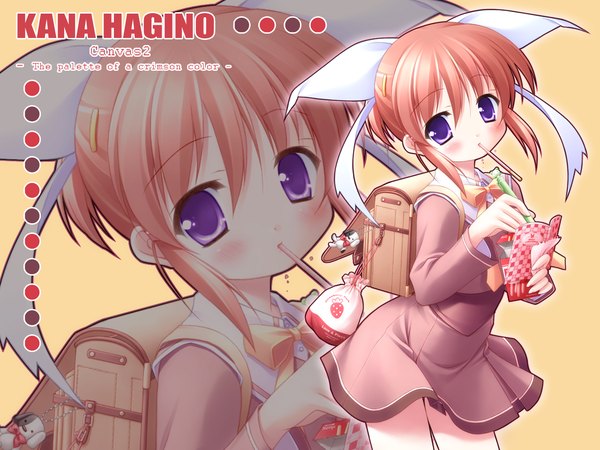 Anime picture 1280x960 with canvas 2 hagino kana looking at viewer blush fringe short hair hair between eyes purple eyes holding red hair copyright name character names mouth hold yellow background zoom layer girl dress food sweets hairclip