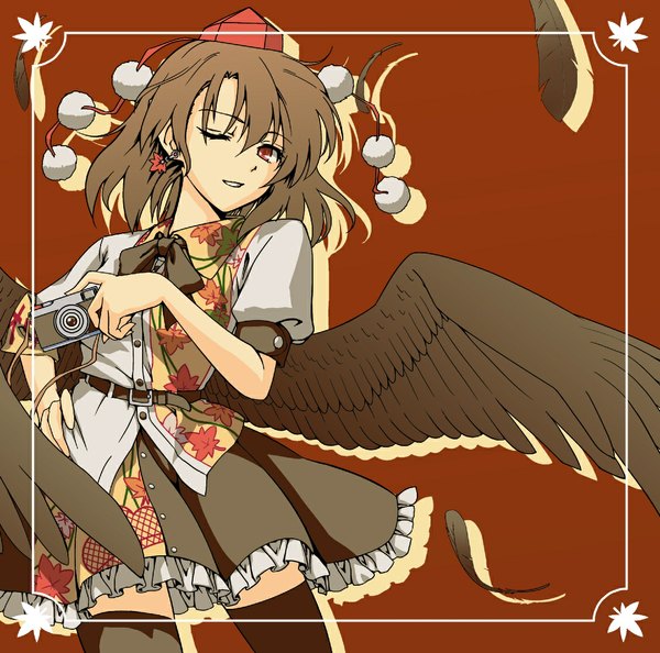 Anime picture 1134x1124 with touhou shameimaru aya caesar et cleopatra (abo) single looking at viewer short hair simple background smile brown hair one eye closed wink hand on hip girl ribbon (ribbons) earrings shirt wings leaf (leaves) feather (feathers) camera