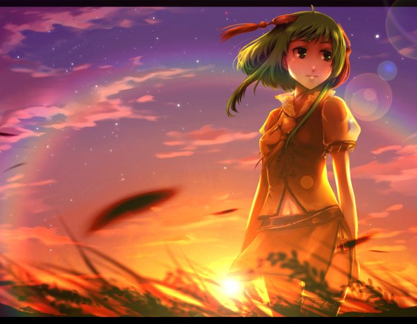 Anime picture 1285x999 with vocaloid gumi single short hair green eyes looking away green hair evening sunset scenic girl plant (plants) grass