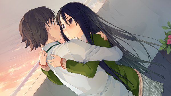 Anime picture 1280x720 with ima sugu onii-chan ni imouto da tte iitai! haida kimika akinashi yuu long hair blush short hair black hair wide image brown eyes game cg couple hug girl boy uniform school uniform shirt sweater