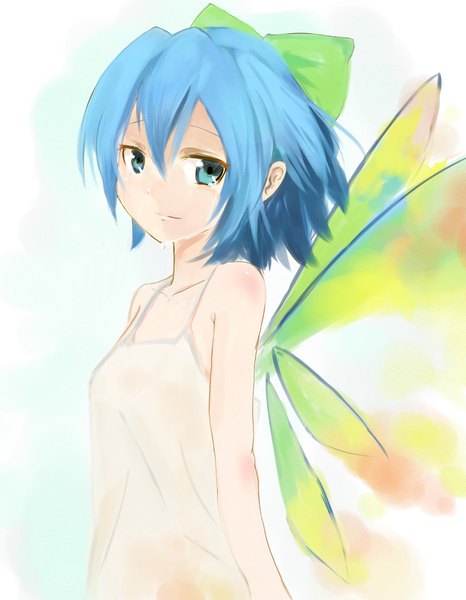 Anime picture 1280x1646 with touhou cirno yammy (pixiv) single tall image short hair blue eyes standing bare shoulders blue hair tears crying girl bow hair bow wings sundress