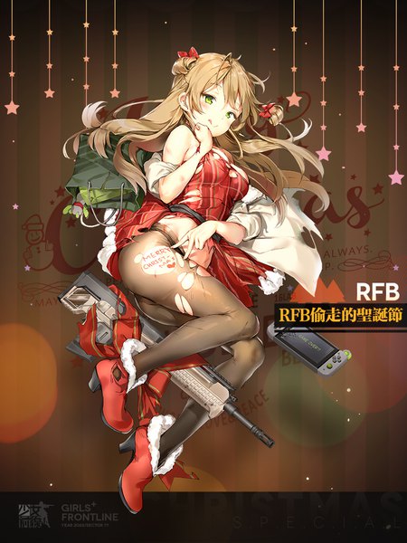 Anime picture 800x1067 with girls frontline nintendo rfb (girls frontline) rfb (how rfb stole xmas) (girls frontline) anmi single long hair tall image looking at viewer blush fringe breasts light erotic brown hair bare shoulders green eyes payot full body ahoge ass