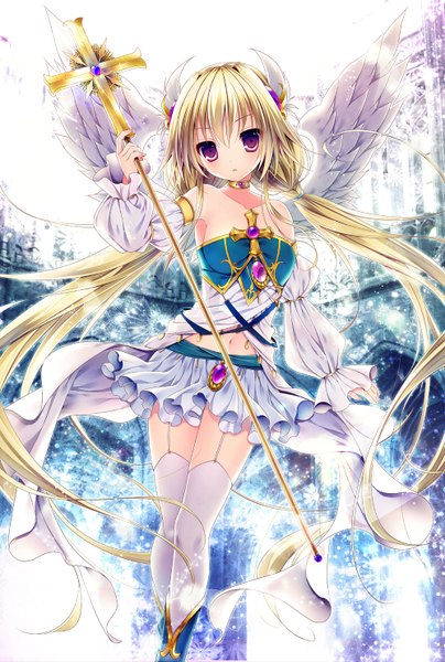 Anime picture 1000x1482 with original minatsuki alumi single tall image looking at viewer blush fringe blonde hair twintails very long hair parted lips pink eyes bare belly low twintails angel wings girl thighhighs skirt navel hair ornament
