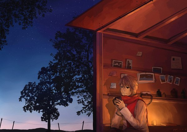 Anime picture 1200x847 with original yupi single short hair blonde hair black eyes night night sky morning boy plant (plants) tree (trees) scarf book (books) star (stars) cup picture