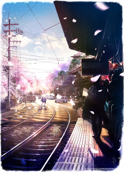 Anime picture 1322x1832 with original aalge tall image multiple girls cloud (clouds) cherry blossoms framed revision girl petals ground vehicle wire (wires) car people pole train station railways telephone pole