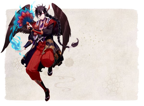 Anime picture 1133x835 with yuugen romantica rejet hifumi (yuugen romantica) tayuya1130 single long hair looking at viewer fringe black hair smile hair between eyes red eyes braid (braids) traditional clothes japanese clothes official art single braid glowing black wings tengu