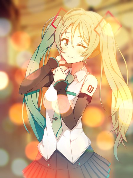 Anime picture 1536x2048 with vocaloid hatsune miku hatsune miku (vocaloid4) senguyen1011 single long hair tall image blush fringe smile hair between eyes twintails green eyes looking away ahoge one eye closed green hair depth of field lens flare hand on chest