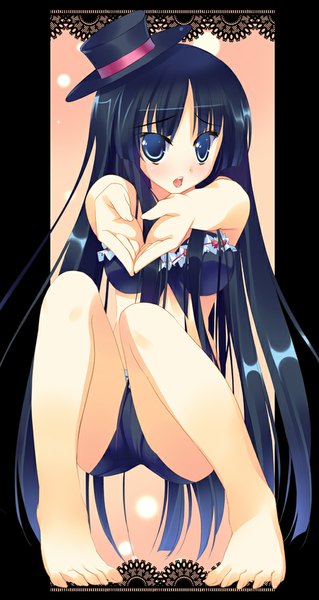 Anime picture 533x1000 with k-on! kyoto animation akiyama mio arikawa satoru single long hair tall image blush open mouth blue eyes light erotic blue hair girl underwear panties hat lingerie bra black panties black bra