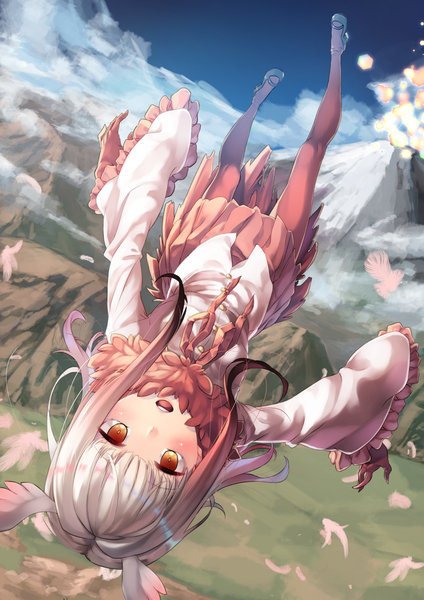 Anime picture 1167x1650 with kemono friends crested ibis (kemono friends) saraki single long hair tall image looking at viewer blush open mouth pink hair sky silver hair cloud (clouds) full body multicolored hair wide sleeves two-tone hair teeth orange eyes fur trim
