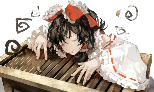 Anime picture 1200x719 with touhou hakurei reimu noir (ibaraki) single long hair simple background brown hair wide image white background eyes closed traditional clothes sleeping miko girl bow hair bow detached sleeves frills donation box