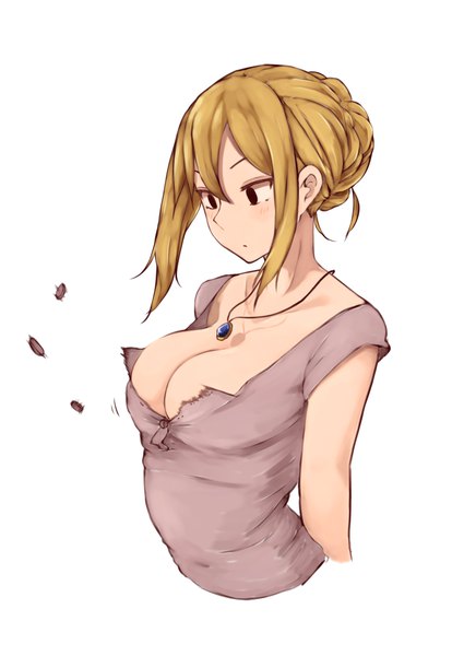 Anime picture 1254x1771 with original kinpatsu-chan (rutchifu) kinpatsu-chan (rucchiifu) rutchifu single tall image breasts light erotic simple background blonde hair large breasts white background brown eyes payot cleavage upper body looking down girl pendant buttons