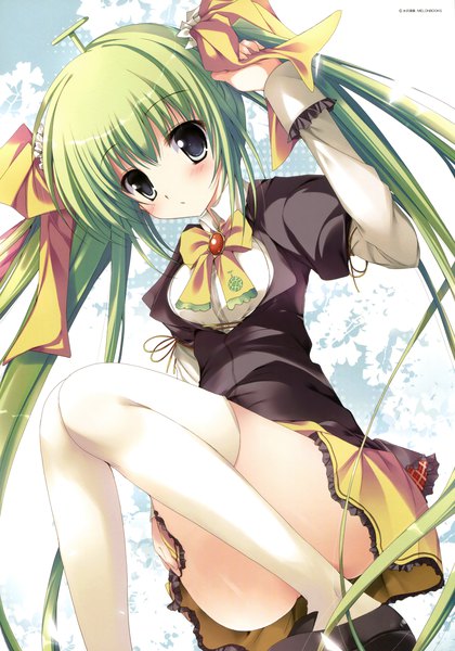 Anime picture 2660x3800 with melonbooks melon-chan mizusawa mimori single tall image blush highres blue eyes light erotic twintails looking away very long hair green hair scan official art girl thighhighs dress skirt ribbon (ribbons)