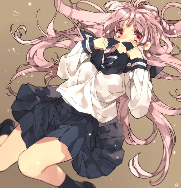 Anime picture 800x830 with original toujou sakana single long hair tall image blush fringe simple background red eyes signed looking away pink hair bent knee (knees) lying long sleeves pleated skirt covering brown background covering face girl