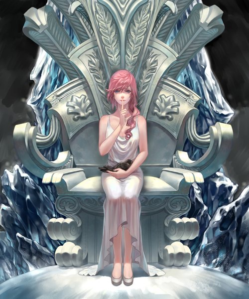 Anime picture 3500x4200 with final fantasy xiii lightning farron fenbei single long hair tall image looking at viewer highres blue eyes sitting pink hair absurdres light smile alternate costume winter snow sleeping girl dress animal