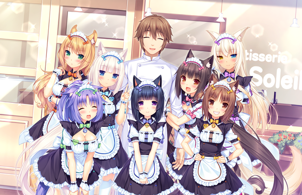 Anime picture 1580x1020 with neko paradise neko works (studio) vanilla (nekopara) chocola (nekopara) coconut (sayori) maple (sayori) cinnamon (sayori) azuki (sayori) minazuki shigure minazuki kashou sayori long hair looking at viewer short hair breasts open mouth blue eyes black hair smile brown hair