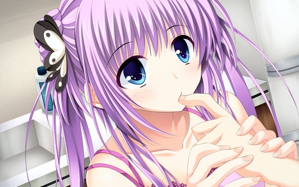 Anime picture 1054x659 with scramble lovers aoi yui ariko youichi long hair blush blue eyes twintails bare shoulders holding game cg purple hair close-up finger licking girl boy hair ornament butterfly hair ornament hand