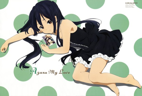 Anime picture 6039x4086 with k-on! kyoto animation nakano azusa horiguchi yukiko single long hair highres black hair red eyes twintails absurdres lying barefoot loli girl dress