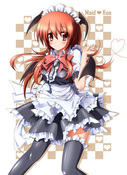 Anime picture 1600x2200 with touhou koakuma midoriiro no shinzou single long hair tall image blush red eyes red hair maid head wings heart of string girl thighhighs black thighhighs wings frills headdress heart bowtie