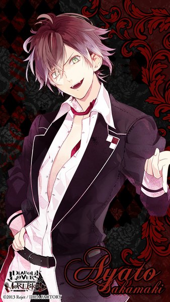 Anime picture 640x1136 with diabolik lovers idea factory sakamaki ayato satoi (artist) single tall image looking at viewer short hair open mouth smile green eyes red hair inscription open clothes teeth fang (fangs) open shirt hand on hip vampire boy