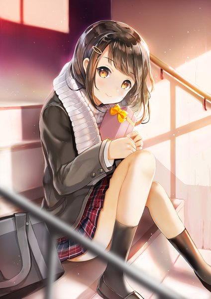 Anime picture 1100x1556 with original sibyl single tall image looking at viewer blush short hair light erotic black hair smile sitting brown eyes head tilt pleated skirt plaid skirt hands clasped valentine knees touching girl skirt
