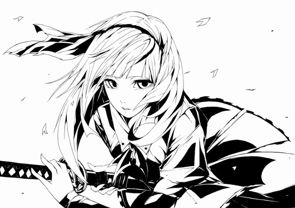 Anime picture 1500x1056 with touhou konpaku youmu yutapon single looking at viewer fringe short hair simple background white background monochrome girl weapon petals sword hairband katana