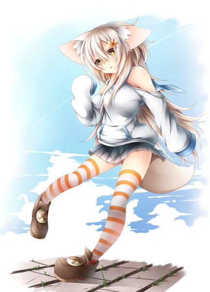Anime picture 1500x2089 with original chabaneko single long hair tall image looking at viewer animal ears yellow eyes sky white hair long sleeves animal tail girl thighhighs skirt miniskirt boots striped thighhighs