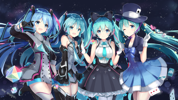 Anime picture 2039x1147 with vocaloid magical mirai (vocaloid) hatsune miku magical mirai miku magical mirai miku (2016) magical mirai miku (2015) magical mirai miku (2013) magical mirai miku (2014) asahi kuroi looking at viewer blush fringe highres open mouth blue eyes smile hair between eyes wide image standing twintails