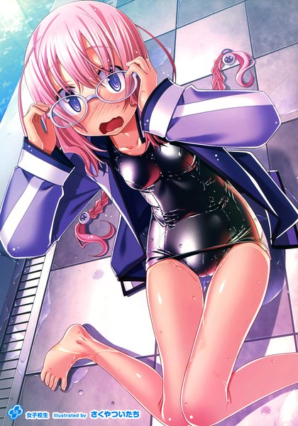 Anime picture 2520x3600 with girls, girls, girls! 11 (artbook) sakuya tsuitachi single long hair tall image looking at viewer blush highres open mouth light erotic purple eyes pink hair braid (braids) scan official art bare legs girl swimsuit glasses one-piece swimsuit