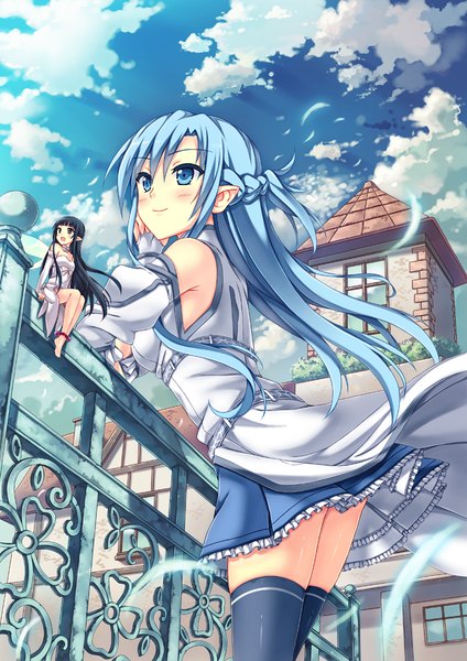 Anime picture 700x990 with sword art online a-1 pictures yuuki asuna yui (sao) asuna (sao-alo) peach88 long hair tall image blush blue eyes black hair smile multiple girls blue hair sky cloud (clouds) braid (braids) pointy ears black eyes from below