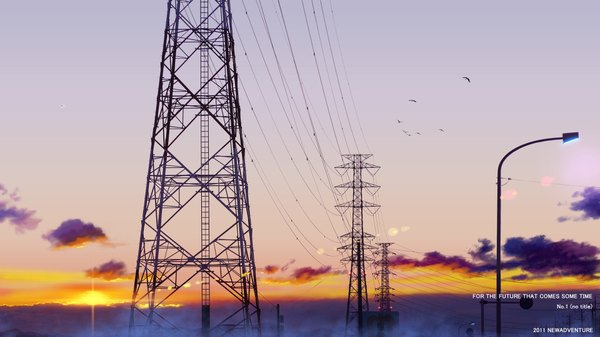 Anime picture 1920x1080 with original isai shizuka highres wide image sky cloud (clouds) evening sunset no people animal bird (birds) wire (wires) power lines