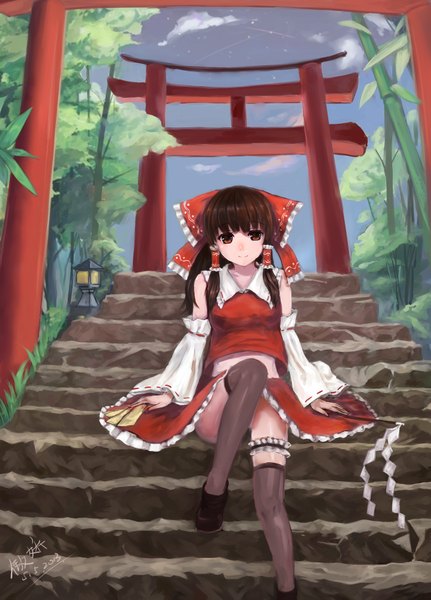 Anime picture 2800x3900 with touhou hakurei reimu lxz198908 single long hair tall image looking at viewer highres smile red eyes brown hair sitting girl thighhighs skirt bow black thighhighs plant (plants) hair bow detached sleeves