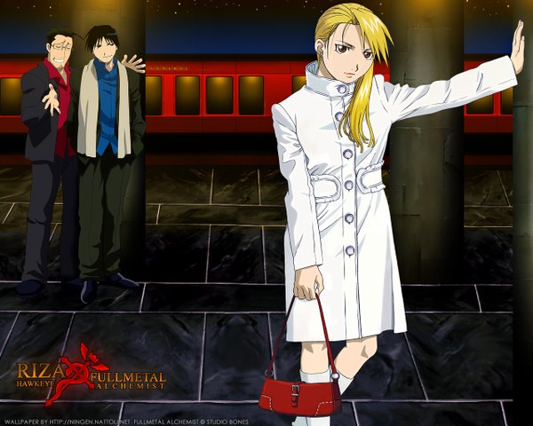 Anime picture 1280x1024 with fullmetal alchemist studio bones roy mustang riza hawkeye maes hughes ningen (nattoli) takahashi kumiko long hair looking at viewer short hair black hair blonde hair brown eyes signed long sleeves multiple boys wallpaper copyright name character names third-party edit