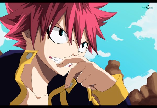 Anime picture 2500x1727 with fairy tail natsu dragneel lworldchiefl single highres short hair smile pink hair sky cloud (clouds) black eyes coloring finger to mouth smirk boy