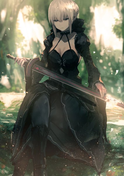 Anime picture 2480x3508 with fate (series) fate/grand order fate/stay night artoria pendragon (all) saber saber alter misaki nonaka single tall image fringe highres short hair blonde hair hair between eyes payot cleavage depth of field looking down expressionless lolita fashion