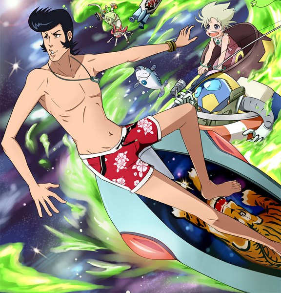 Anime picture 960x1000 with space dandy studio bones dandy (space dandy) meow (space dandy) qt (space dandy) erssime gudon (iukhzl) tall image short hair open mouth black hair purple eyes brown eyes looking away grey hair outstretched arm pompadour girl animal bracelet