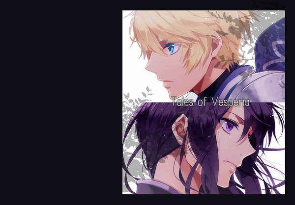 Anime picture 1600x1116 with tales of (series) tales of vesperia yuri lowell flynn scifo tagme (artist) long hair short hair blue eyes simple background blonde hair white background purple eyes purple hair profile wind inscription multiple boys shadow black background framed
