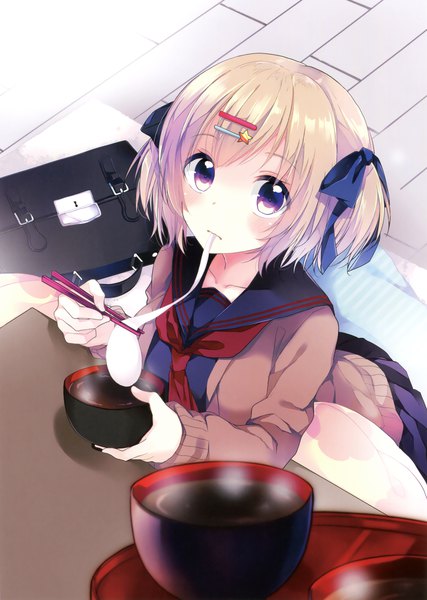 Anime picture 2494x3500 with original peke (xoxo melon) single tall image looking at viewer highres short hair blonde hair purple eyes scan official art eating girl uniform ribbon (ribbons) hair ribbon school uniform food school bag