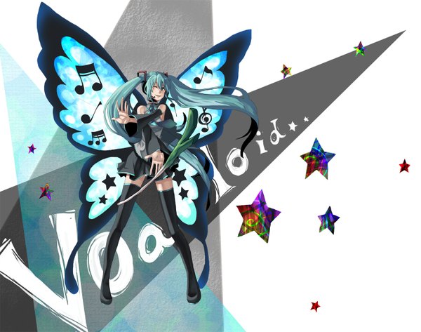 Anime picture 1372x1082 with vocaloid hatsune miku girl thighhighs wings insect butterfly