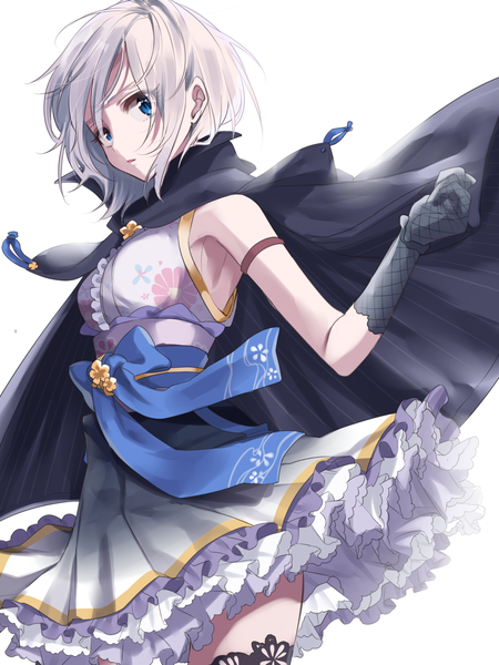 Anime picture 1050x1400 with idolmaster idolmaster cinderella girls anastasia (idolmaster) sinsihukunokonaka single tall image looking at viewer short hair blue eyes simple background white background silver hair pleated skirt alternate costume zettai ryouiki turning head floral print front-tie top skirt gloves