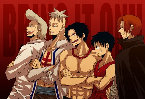 Anime picture 1606x1100 with one piece toei animation monkey d. luffy portgas d. ace shanks marco (one piece) thatch fumita (artist) short hair open mouth black hair smile white hair red hair open clothes multiple boys scar topless crossed arms red background