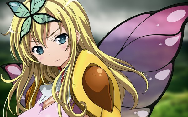 Anime picture 1680x1050 with boku wa tomodachi ga sukunai kashiwazaki sena single long hair looking at viewer blush blue eyes blonde hair wide image insect wings butterfly wings girl dress hair ornament armor insect butterfly butterfly hair ornament