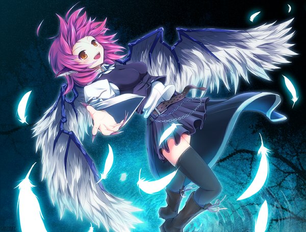 Anime picture 1078x819 with touhou mystia lorelei ginzake (mizuumi) single blush short hair open mouth animal ears pink hair orange eyes no hat girl thighhighs black thighhighs wings belt chain feather (feathers)