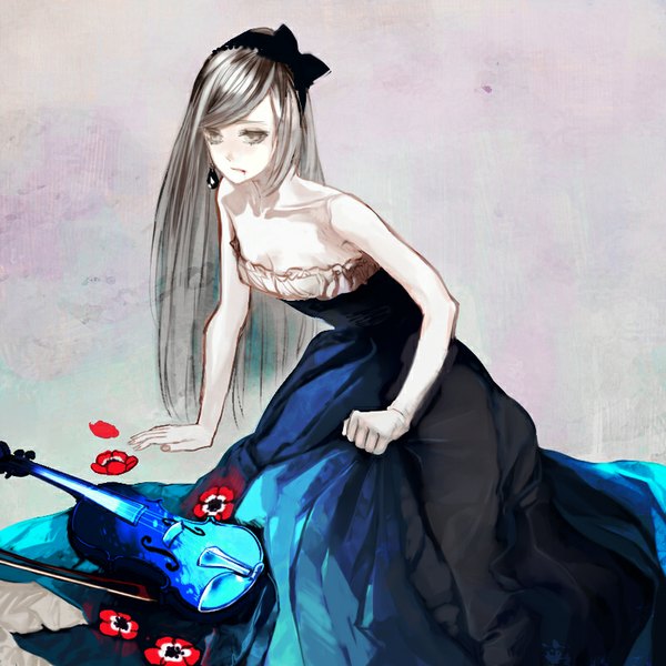 Anime picture 800x800 with original shikishima (eiri) single long hair bare shoulders grey hair girl dress flower (flowers) bow hair bow earrings musical instrument blue dress violin bow (instrument) anemone (flower)