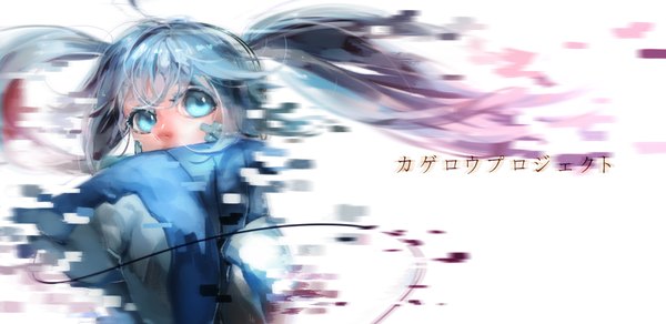 Anime picture 2048x1000 with kagerou project shaft (studio) ene (kagerou project) irust single long hair fringe highres blue eyes wide image twintails looking away aqua hair girl jacket