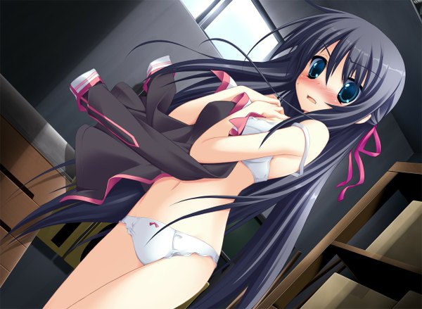 Anime picture 1230x900 with koiiro soramoyou (game) kanou kayoko lucie long hair blush blue eyes light erotic black hair game cg girl underwear panties