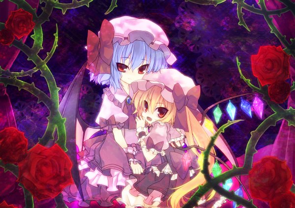Anime picture 2480x1754 with touhou flandre scarlet remilia scarlet tahya highres short hair blonde hair red eyes multiple girls blue hair loli girl flower (flowers) 2 girls wings rose (roses) red rose thorns