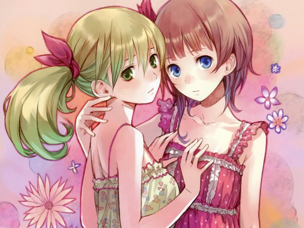 Anime picture 2048x1536 with atelier (series) atelier rorona gust (company) rororina fryxell lionela heinze kishida mel long hair looking at viewer blush highres short hair blue eyes brown hair twintails multiple girls green eyes green hair hug hand on chest portrait