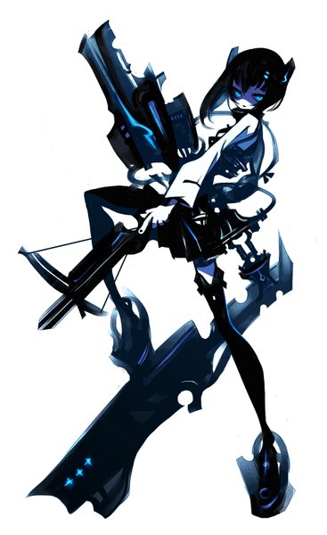 Anime picture 919x1500 with kantai collection taihou armored aircraft carrier kiku (kicdoc) single long hair tall image looking at viewer black hair simple background white background aqua eyes girl skirt weapon miniskirt boots armor thigh boots crossbow